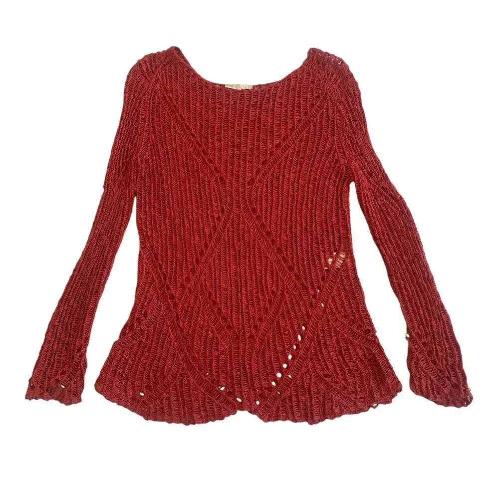 Maje Open Weave Woven Sweater Burnt Orange Pullover Cotton Size 1 Small Women's